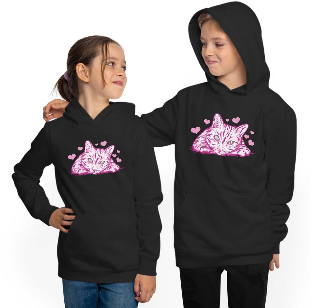 Kids Hoodie Hooded Sweatshirt - Cat with Pink Hearts i122